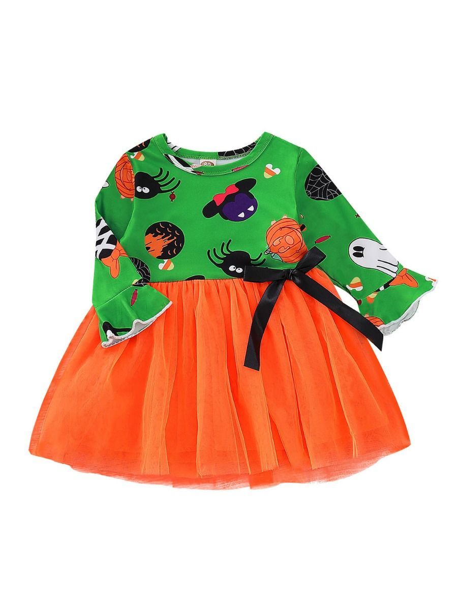 Halloween Baby Toddler Girl Pumpkin Ghost Printed Mesh Patchwork Dress - dianjiang-