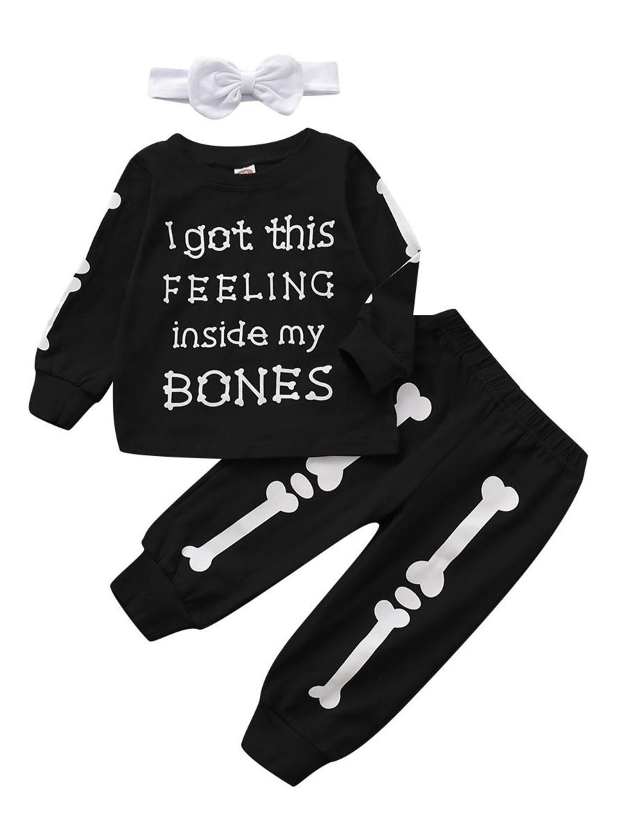 3-Piece Round-neck Bone Letters Halloween Outfits Long-sleeved Shirt+Pants+Headband - dianjiang-