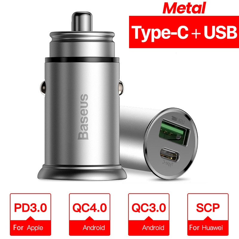 Baseus 30W Metal Car Charger for Samsung AFC Quick Charge 4.0 for Xiaomi Huawei SCP Auto Type C PD Fast Car Mobile Phone Charger - dianjiang-