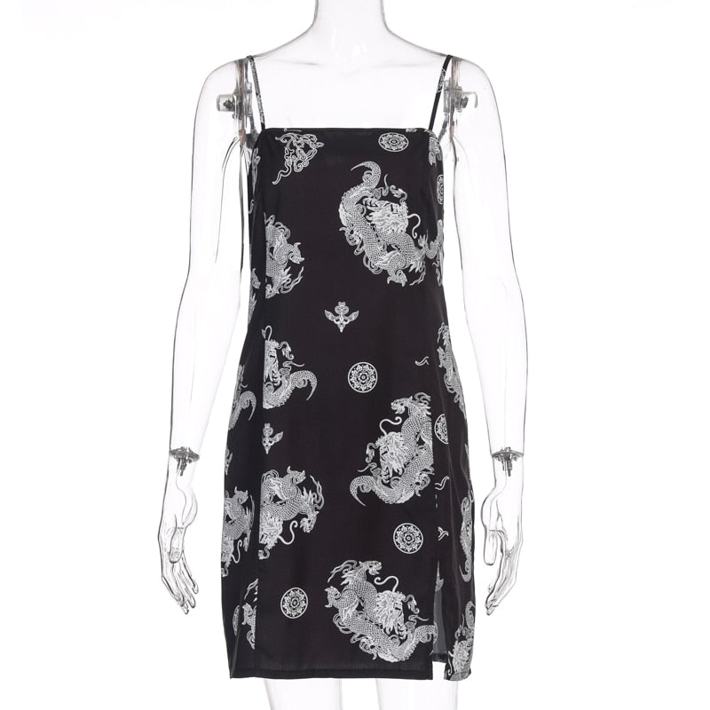 Hugcitar 2020 dragon print sleeveless slit sexy slip mini dress autumn women streetwear club outfits - dianjiang-