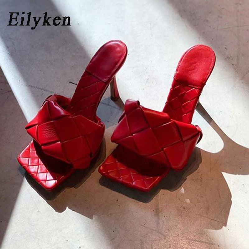 Eilyken Summer New Design Snake Print Square Toe Heels High Quality PU Leather Slippers Gladiator Sandals Womens Slides Shoes - dianjiang-