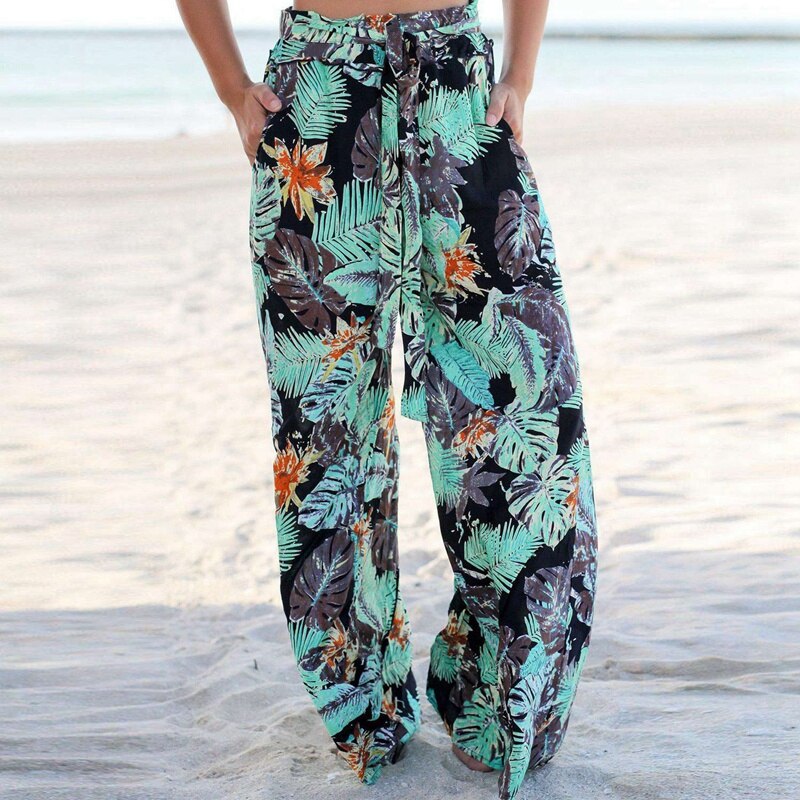 Summer Vintage Boho Wide Leg Pants High Waist Loose Floral Print Long Women Trousers Casual Beach Pants - dianjiang-