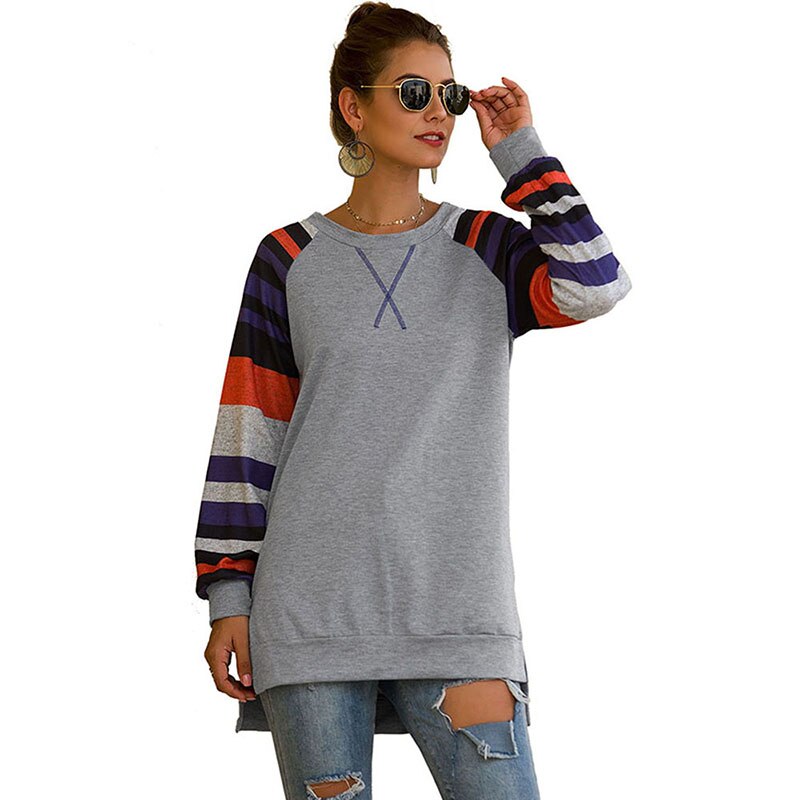 CINESSD Striped Patchwork Casual Tops Tee Shirt Women O Neck Long Sleeve Embroidery Split Loose Pullover Asymmetry Tunic Tshirt - dianjiang-