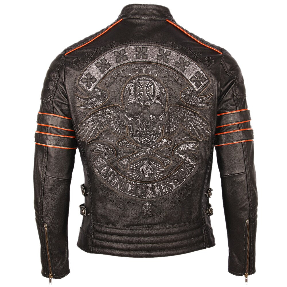 Black Embroidery Skull Motorcycle Leather Jackets 100% Natural Cowhide Moto Jacket Biker Leather Coat Winter Warm Clothing M219 - dianjiang-