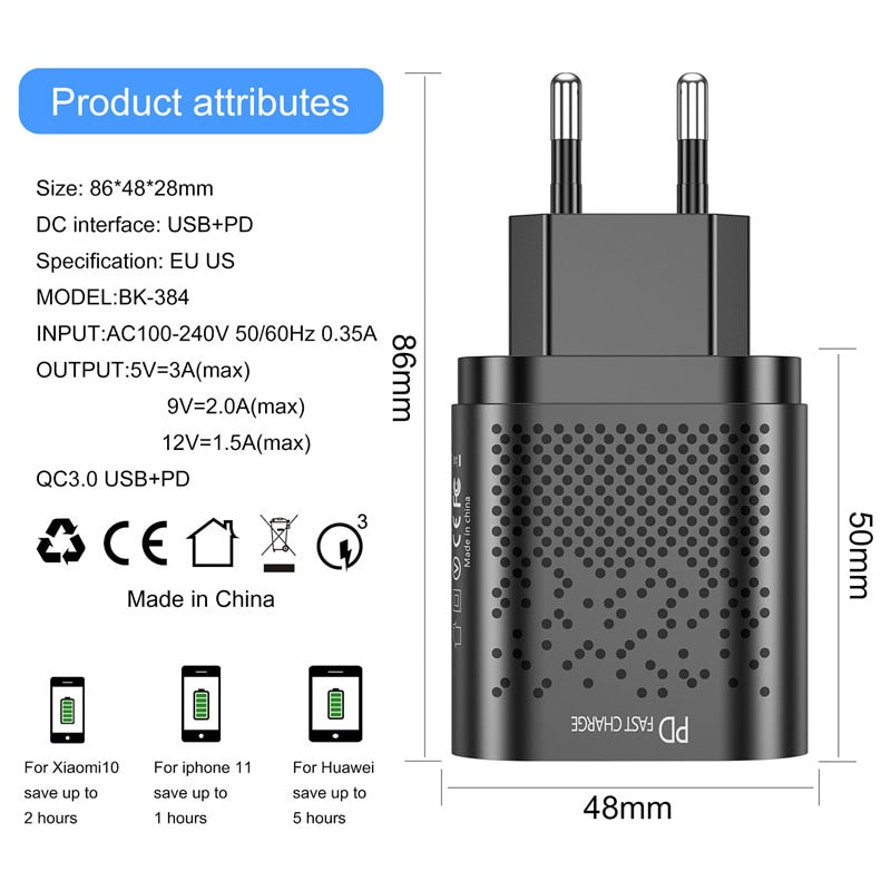 USLION EU/US Plug PD USB Charger 36W 3A Quik Charge 3.0 Mobile Phone Charger For iPhone 11 Samsung Xiaomi Fast Wall Chargers - dianjiang-