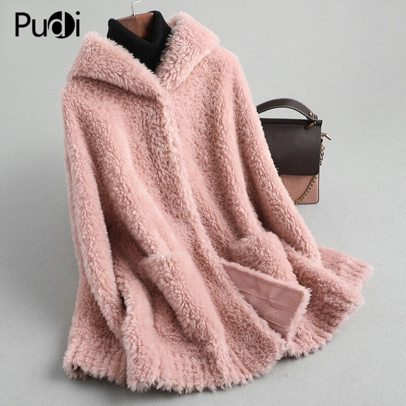 PUDI women winter real wool fur coat jacket female girl sheep shearing hooded coats lady fur parka jacket overcoats A59428 - dianjiang-