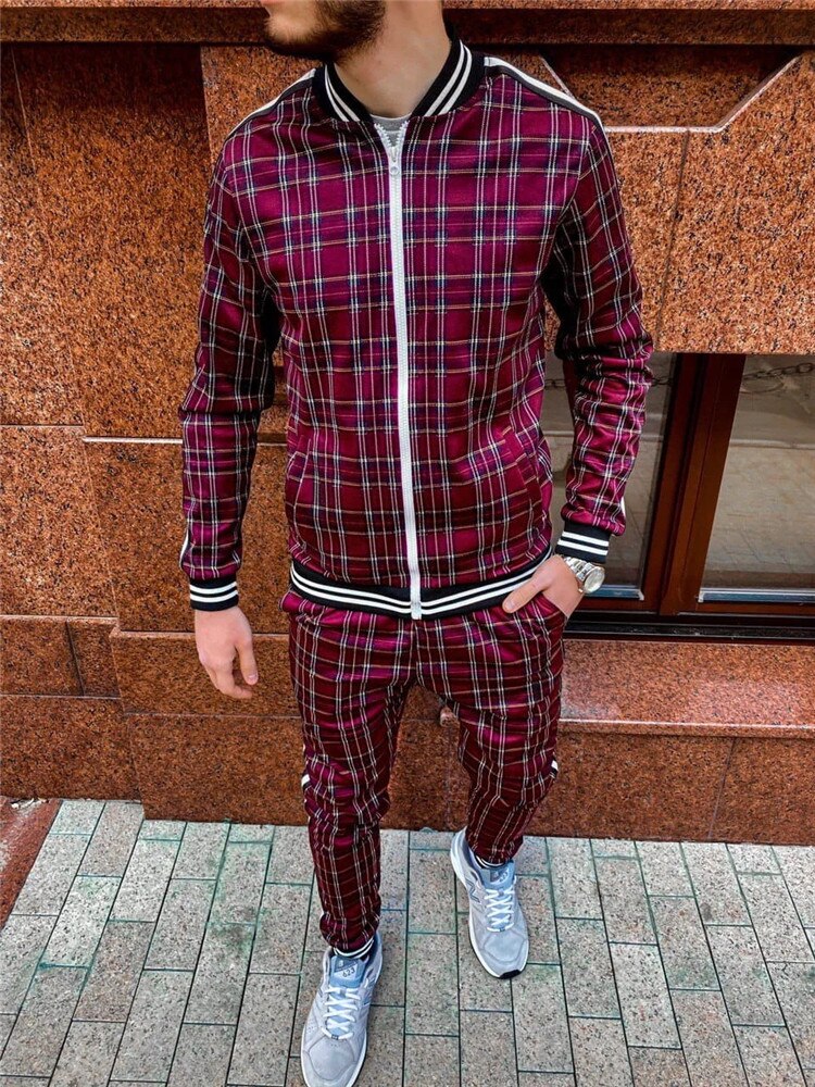 New Colorful Plaid Men Casual Zipper Set Autumn Tracksuit Set Male Sweatshirt Pocket Fashion Jackets Men Tracksuit Sets Mens set - dianjiang-