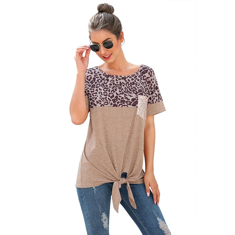 CINESSD Women Short Sleeves Tee Shirts Round Neck Leopard Patchwork Pocket Sequin Tops 2020 Knotted Spring Summer Loose Tshirt - dianjiang-