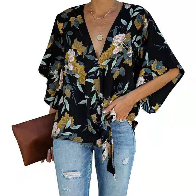 CINESSD Print Chiffon Blouse Women V Neck Flare Sleeves Floral Loose Casual Boho Shirts Knotted 2020 Office Ladies Tops Blouses - dianjiang-