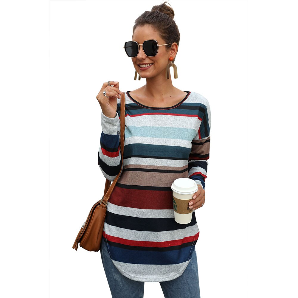 CINESSD Women MultiColor Striped Print Tee Shirts Round Neck Long Sleeves Casual Tops Slim Office Lady 2020 Elastic Tunic Tshirt - dianjiang-