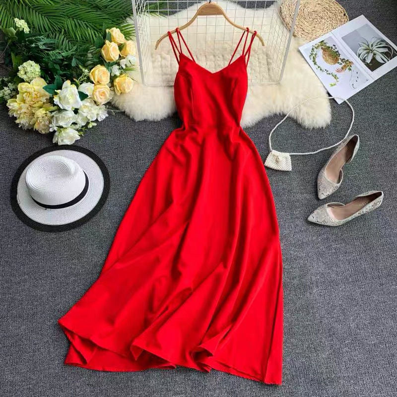 Marwin New-Coming Spring Summer Holiday Dress Cross Spaghetti Strap Open Back Solid Beach Style Ankle-Length Women Dresses - dianjiang-