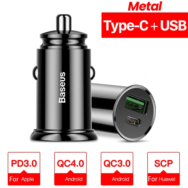 Baseus 30W Metal Car Charger for Samsung AFC Quick Charge 4.0 for Xiaomi Huawei SCP Auto Type C PD Fast Car Mobile Phone Charger - dianjiang-