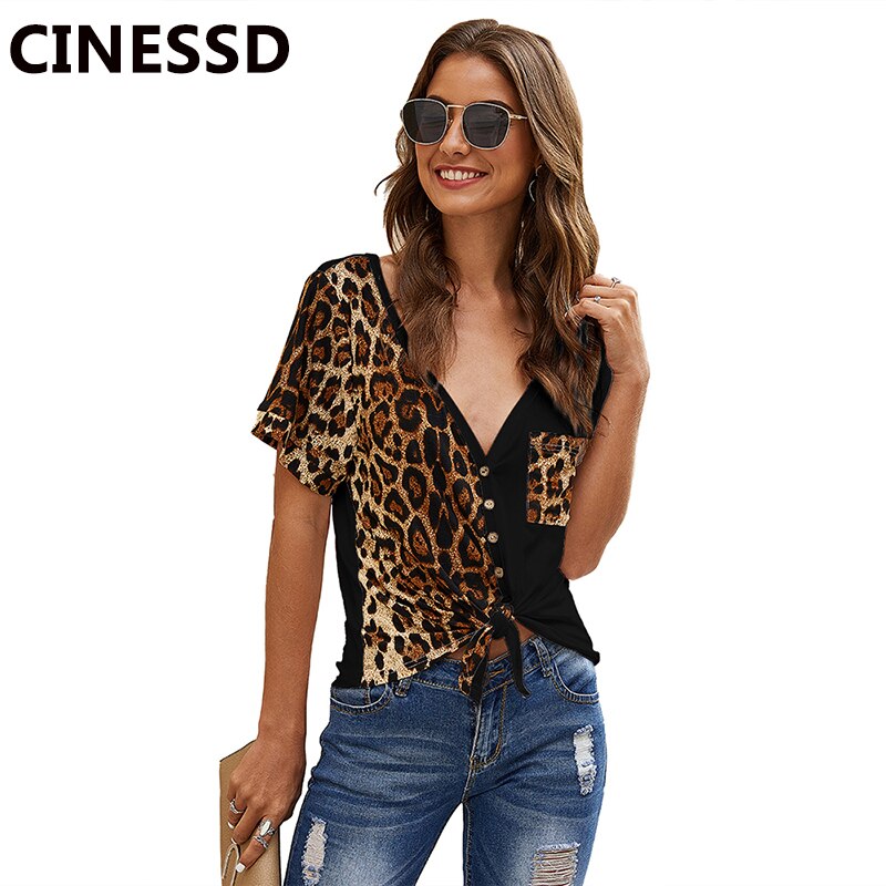 CINESSD Sexy V Neck Leopard Print Pocket Tshirt Women Tops Short Sleeves Cardigan Button Knotted Irregular Patchwork Tee Shirts - dianjiang-