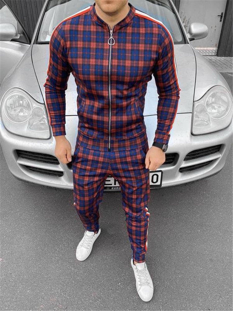 New Colorful Plaid Men Casual Zipper Set Autumn Tracksuit Set Male Sweatshirt Pocket Fashion Jackets Men Tracksuit Sets Mens set - dianjiang-