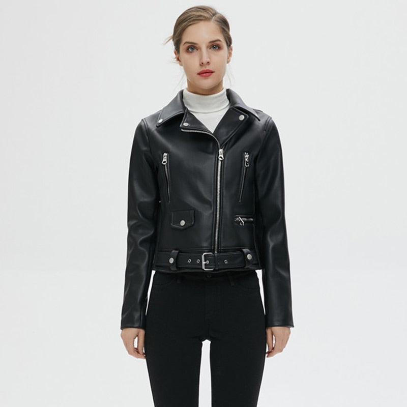 FTLZZ New Women Autumn Winter Black Faux Leather Jackets Zipper Basic Coat Turn-down Collar Motor Biker Jacket With Belt - dianjiang-