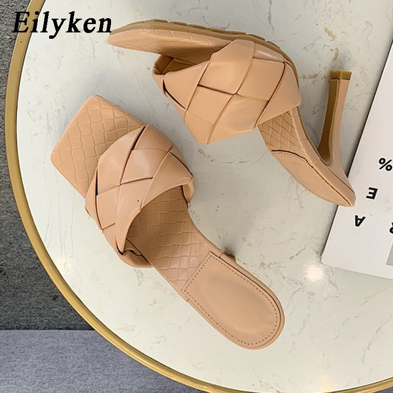 Eilyken Summer New Design Snake Print Square Toe Heels High Quality PU Leather Slippers Gladiator Sandals Womens Slides Shoes - dianjiang-