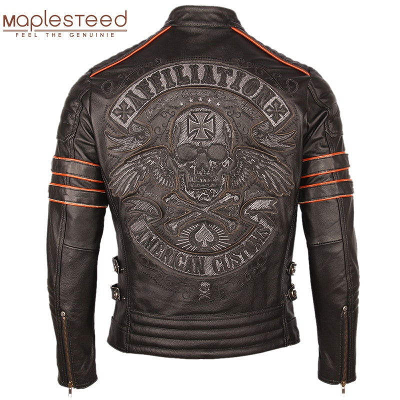 Black Embroidery Skull Motorcycle Leather Jackets 100% Natural Cowhide Moto Jacket Biker Leather Coat Winter Warm Clothing M219 - dianjiang-