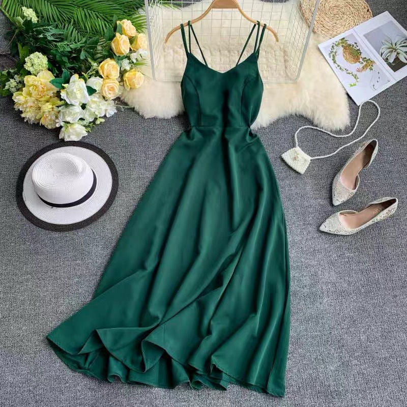 Marwin New-Coming Spring Summer Holiday Dress Cross Spaghetti Strap Open Back Solid Beach Style Ankle-Length Women Dresses - dianjiang-