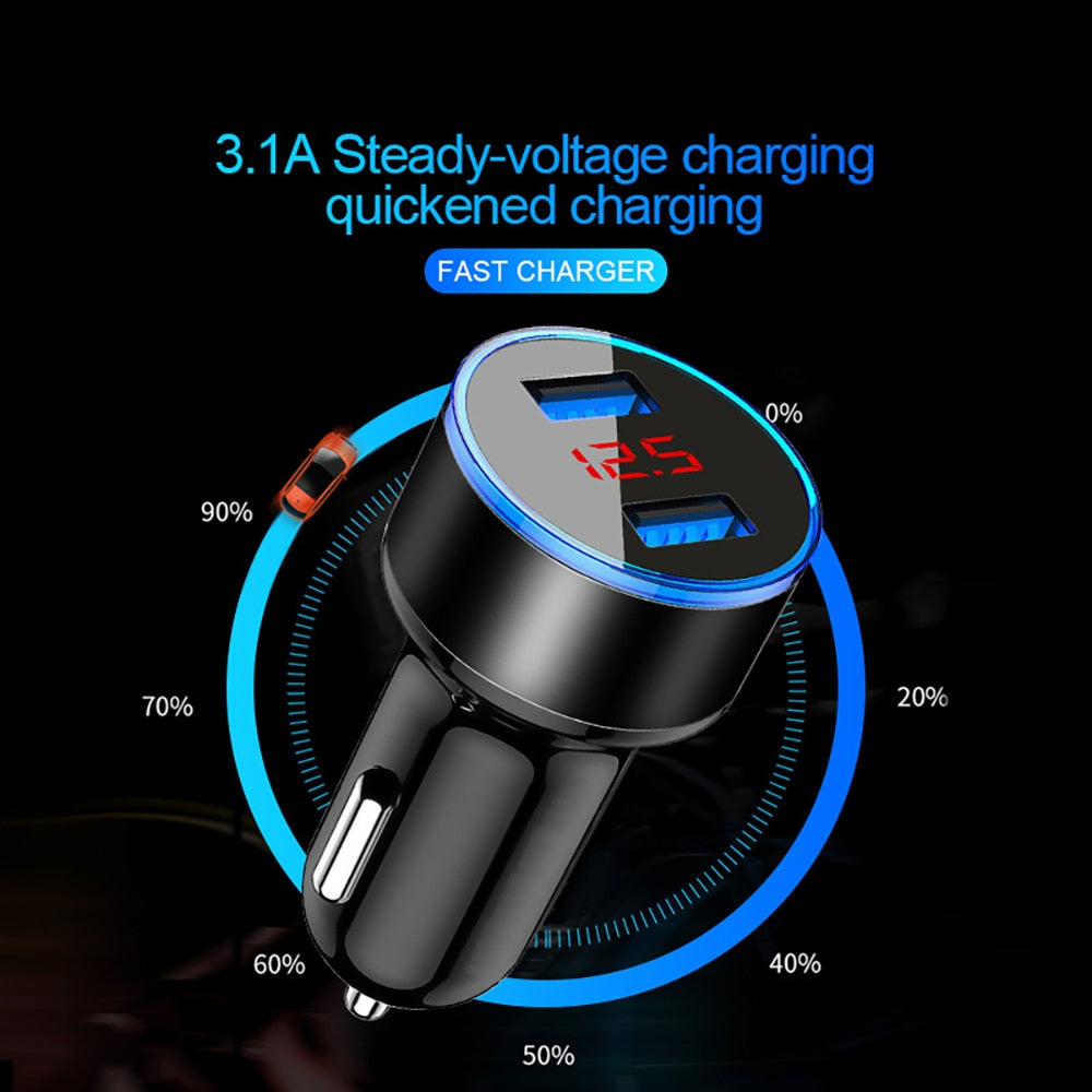 Mini USB Car Charger For iPhone XR 11 Fast Car Phone Chargers Fast Charging With LED Display 3.1A Dual USB Phone Charger in car - dianjiang-