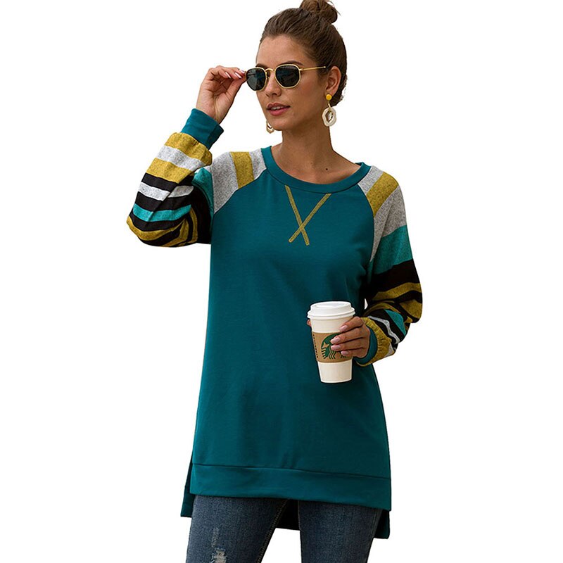 CINESSD Striped Patchwork Casual Tops Tee Shirt Women O Neck Long Sleeve Embroidery Split Loose Pullover Asymmetry Tunic Tshirt - dianjiang-