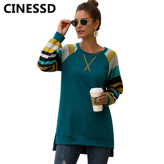 CINESSD Striped Patchwork Casual Tops Tee Shirt Women O Neck Long Sleeve Embroidery Split Loose Pullover Asymmetry Tunic Tshirt - dianjiang-