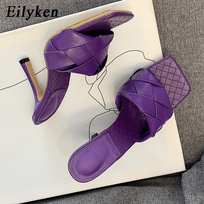 Eilyken Summer New Design Snake Print Square Toe Heels High Quality PU Leather Slippers Gladiator Sandals Womens Slides Shoes - dianjiang-