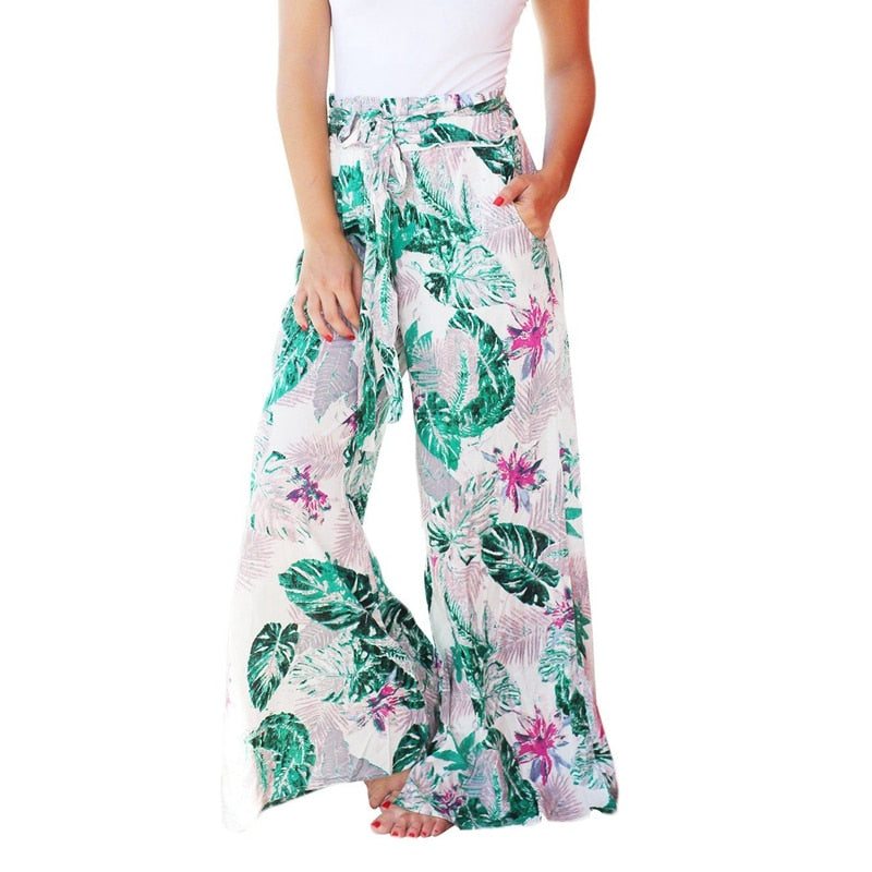 Summer Vintage Boho Wide Leg Pants High Waist Loose Floral Print Long Women Trousers Casual Beach Pants - dianjiang-