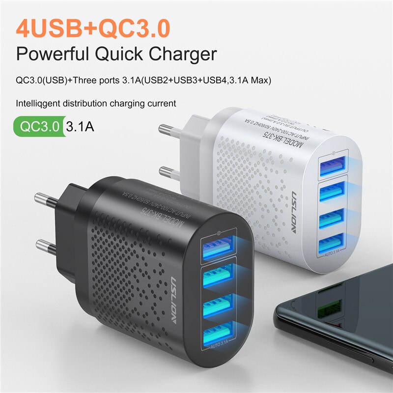 USLION EU/US Plug USB Charger 3A Quik Charge 3.0 Mobile Phone Charger For iPhone 11 Samsung Xiaomi 4 Port 48W Fast Wall Chargers - dianjiang-