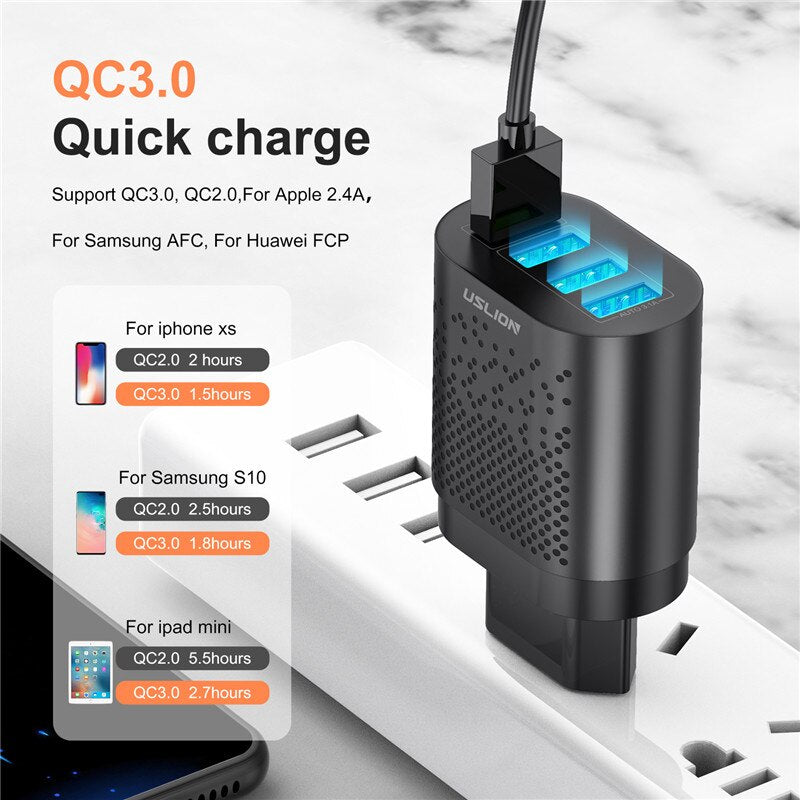 USLION EU/US Plug USB Charger 3A Quik Charge 3.0 Mobile Phone Charger For iPhone 11 Samsung Xiaomi 4 Port 48W Fast Wall Chargers - dianjiang-