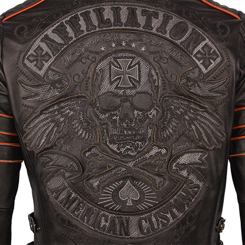 Black Embroidery Skull Motorcycle Leather Jackets 100% Natural Cowhide Moto Jacket Biker Leather Coat Winter Warm Clothing M219 - dianjiang-