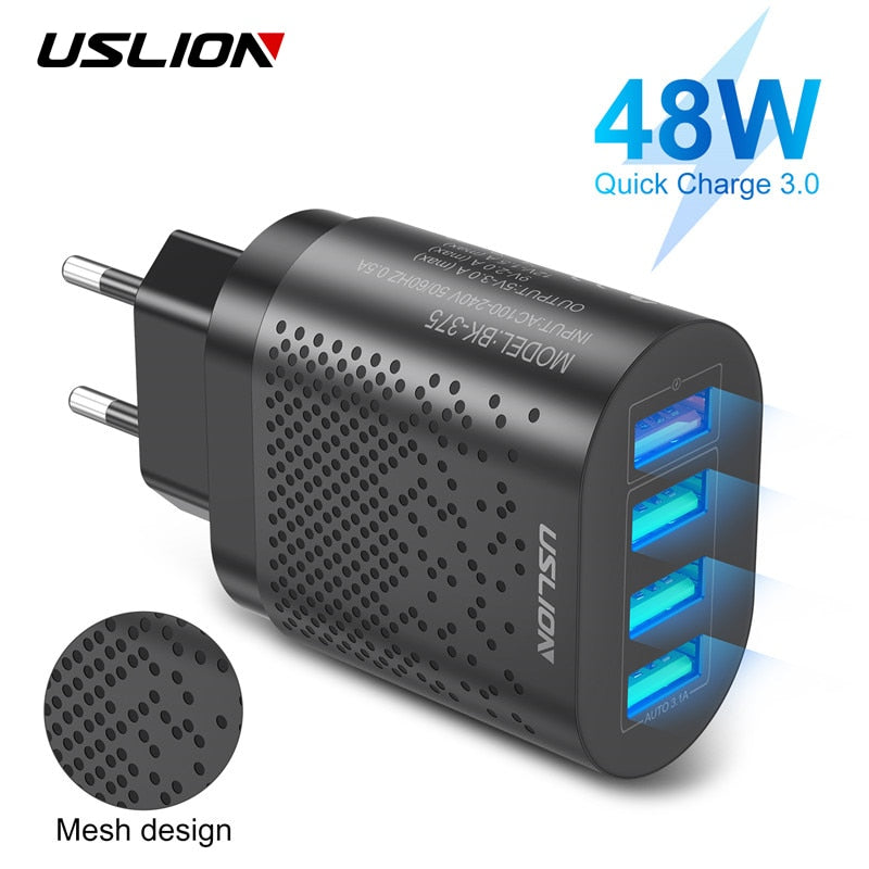 USLION EU/US Plug USB Charger 3A Quik Charge 3.0 Mobile Phone Charger For iPhone 11 Samsung Xiaomi 4 Port 48W Fast Wall Chargers - dianjiang-