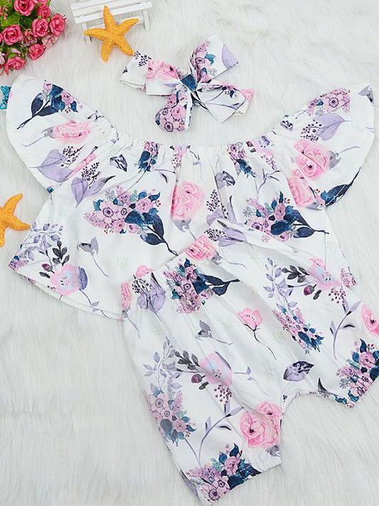 3-Piece Flower Baby Outfits Off Shoulder Top + Shorts + Headband Summer - dianjiang-