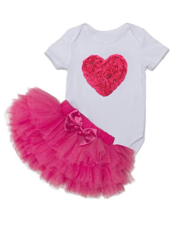 Heart Pattern Romper Princess Tutu Skirt Headband Set for Babies - dianjiang-