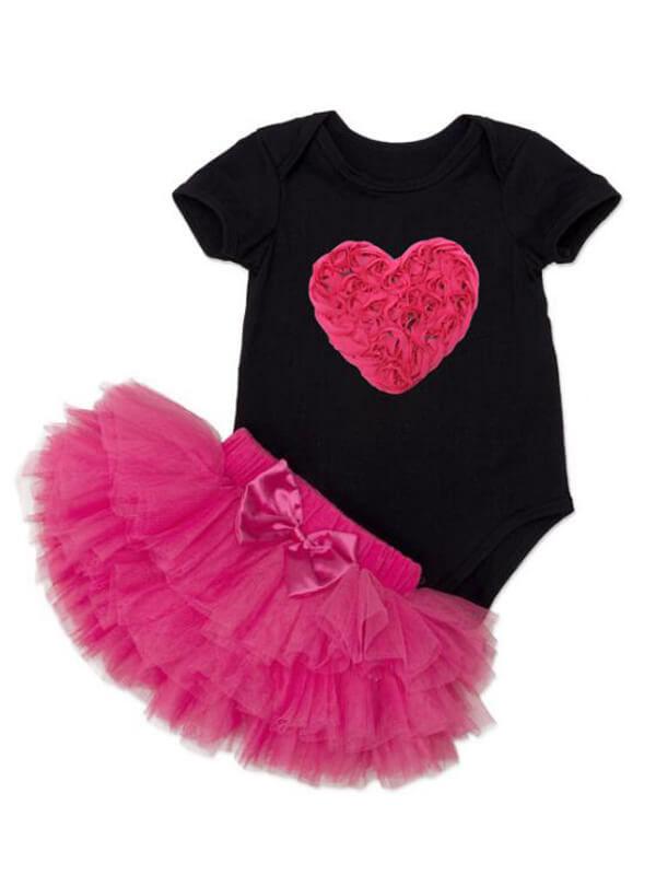 Heart Pattern Romper Princess Tutu Skirt Headband Set for Babies - dianjiang-