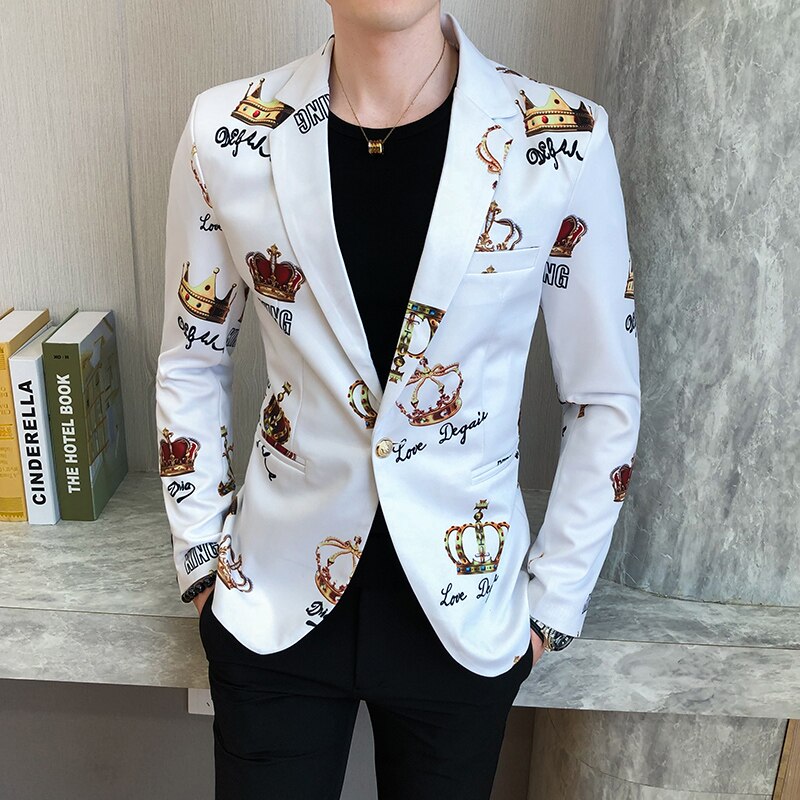 Crown Printing Men's Blazer Wedding Busines Clothing Men's Slim Tuxedo Spring Casual Men's Party Stage Formal Suit Dress Jacket - dianjiang-