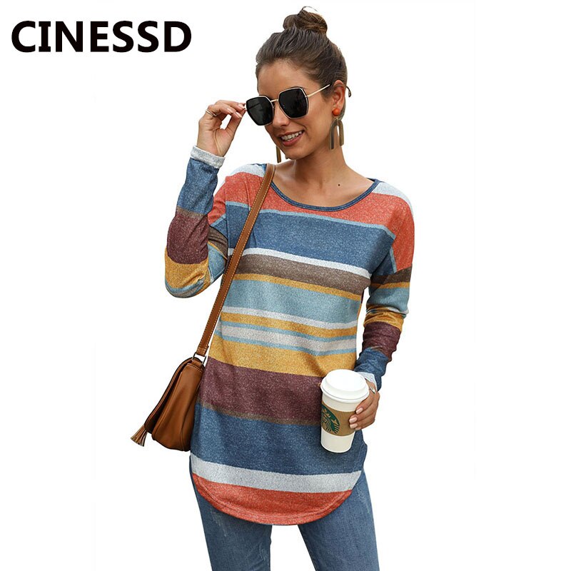 CINESSD Women MultiColor Striped Print Tee Shirts Round Neck Long Sleeves Casual Tops Slim Office Lady 2020 Elastic Tunic Tshirt - dianjiang-