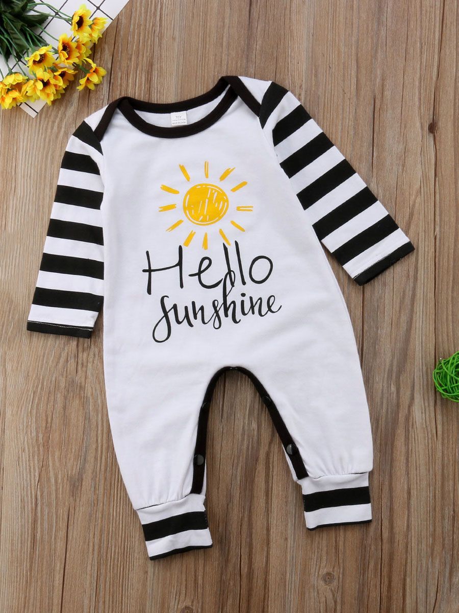 Hello Sunshine Print Striped Overalls Long-sleeved Playsuit - dianjiang-
