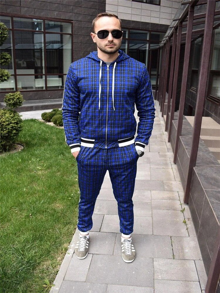 New Colorful Plaid Men Casual Zipper Set Autumn Tracksuit Set Male Sweatshirt Pocket Fashion Jackets Men Tracksuit Sets Mens set - dianjiang-