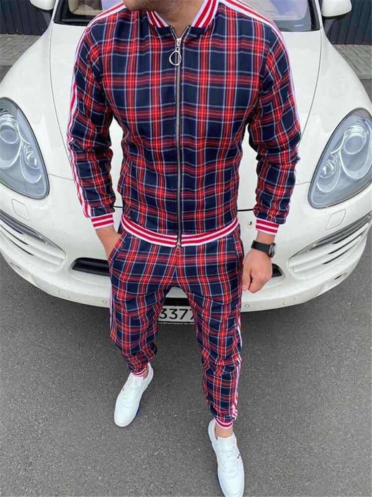 New Colorful Plaid Men Casual Zipper Set Autumn Tracksuit Set Male Sweatshirt Pocket Fashion Jackets Men Tracksuit Sets Mens set - dianjiang-