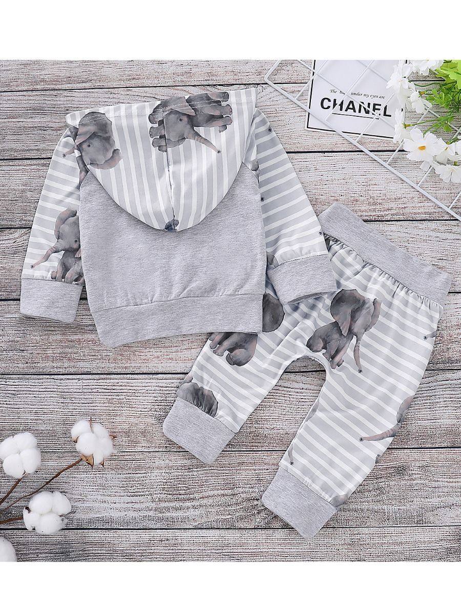 Stripe Elephant Outfits Hooded+Pants 2-Piece Spring Baby Boy Clothes - dianjiang-