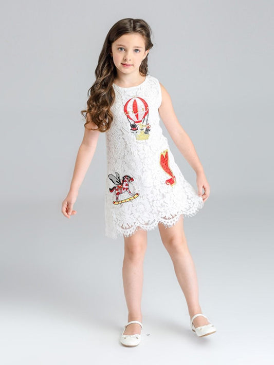 Horse Hot Air Balloon Trim Sleeveless Lace Dress For Toddler Kids - dianjiang-