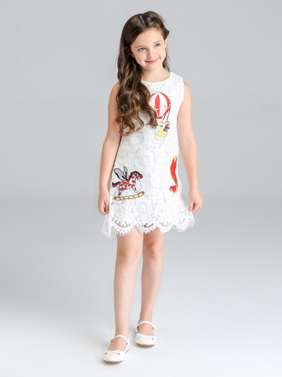Horse Hot Air Balloon Trim Sleeveless Lace Dress For Toddler Kids - dianjiang-