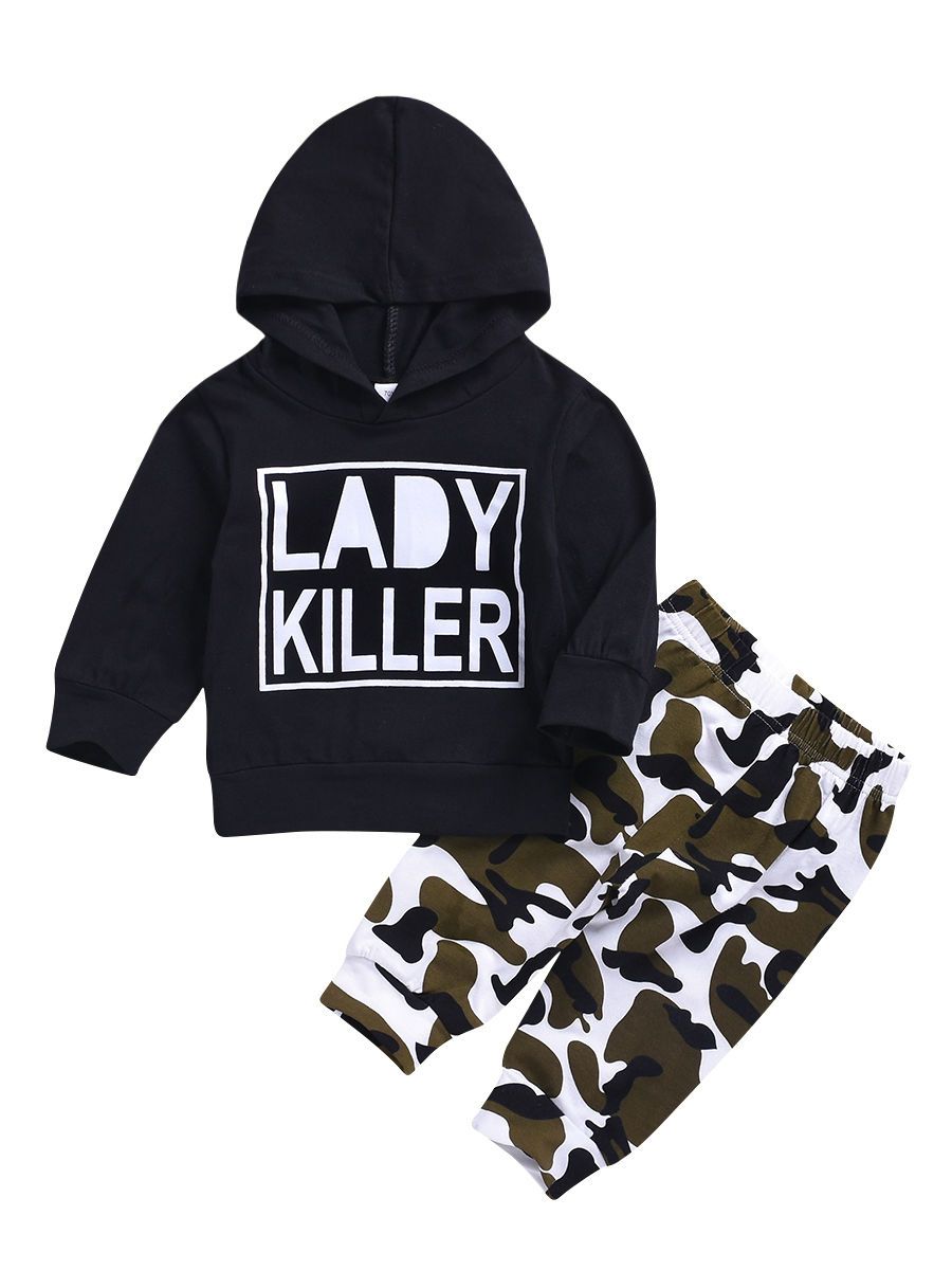 Infant Boys Girls Outfits LADY KILLER Hoodie + Camouflage Pants 2-Piece Spring - dianjiang-