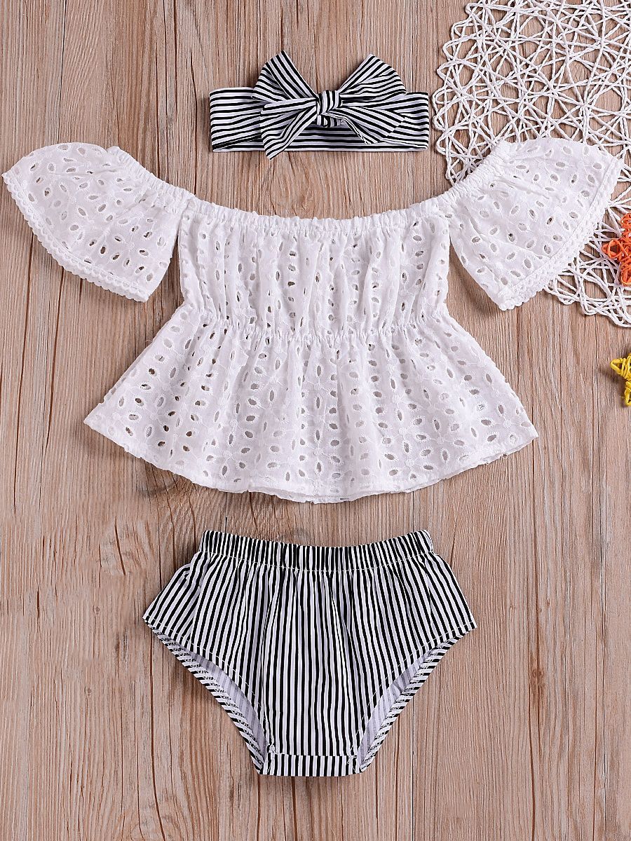 Infant Girl Clothes Outfits Set White Hollow Out Blouse+Striped Panties+Headband - dianjiang-