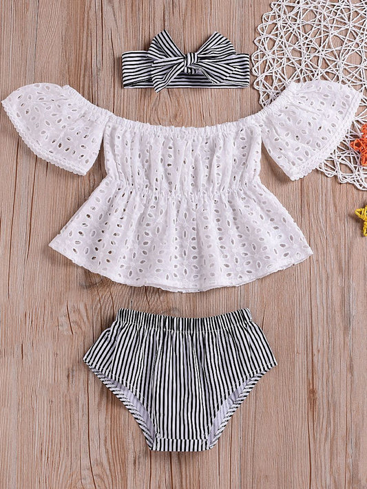 Infant Girl Clothes Outfits Set White Hollow Out Blouse+Striped Panties+Headband - dianjiang-