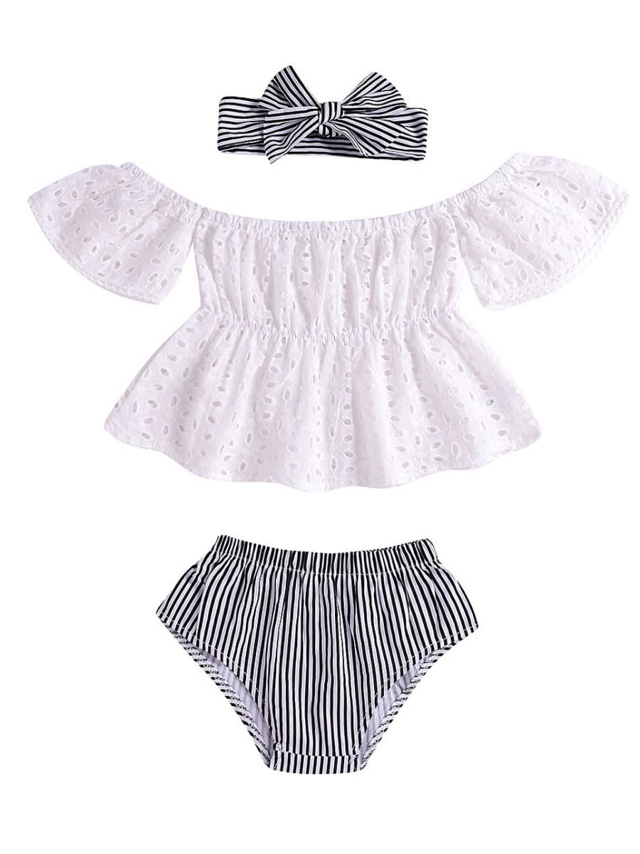 Infant Girl Clothes Outfits Set White Hollow Out Blouse+Striped Panties+Headband - dianjiang-