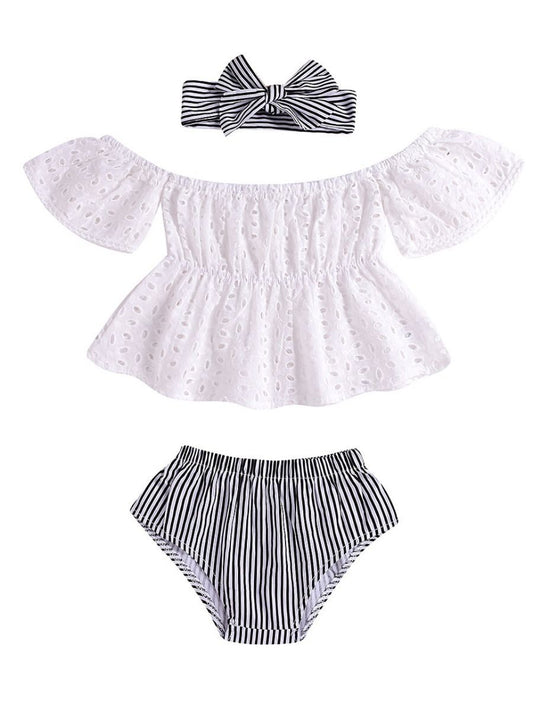 Infant Girl Clothes Outfits Set White Hollow Out Blouse+Striped Panties+Headband - dianjiang-