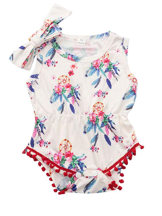 Pom Pom Trimmed Sleeveless Floral Infant Onesie with Headband - dianjiang-
