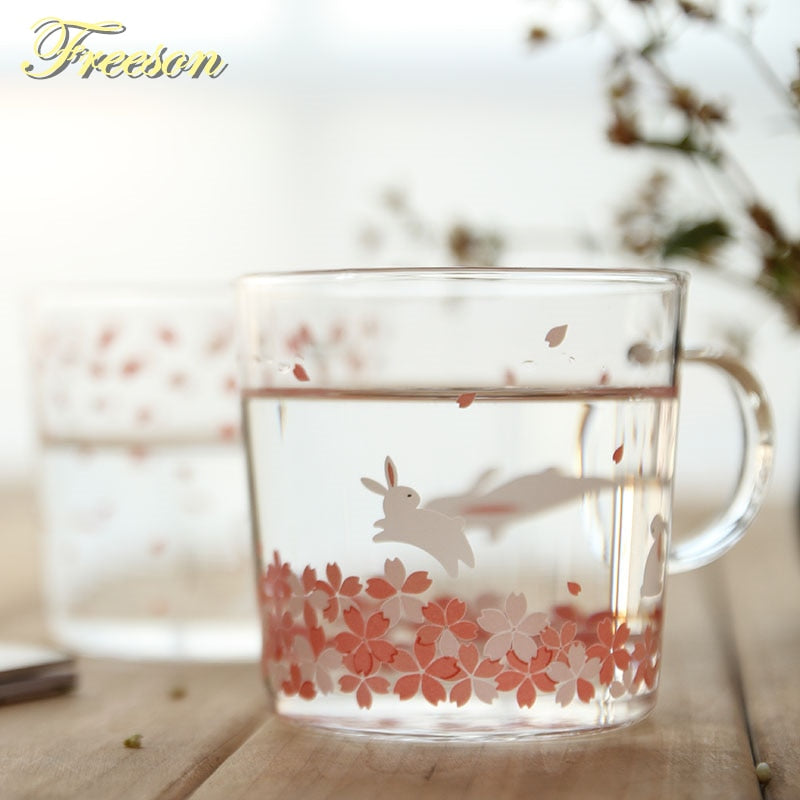 Japanese Sakura Glass Coffee Mug Cute Cat Deer Rabbit Tea Mug 280ml Heat Resistant Glass Tea Cup Maid Coffee Cup Drinkware - dianjiang-