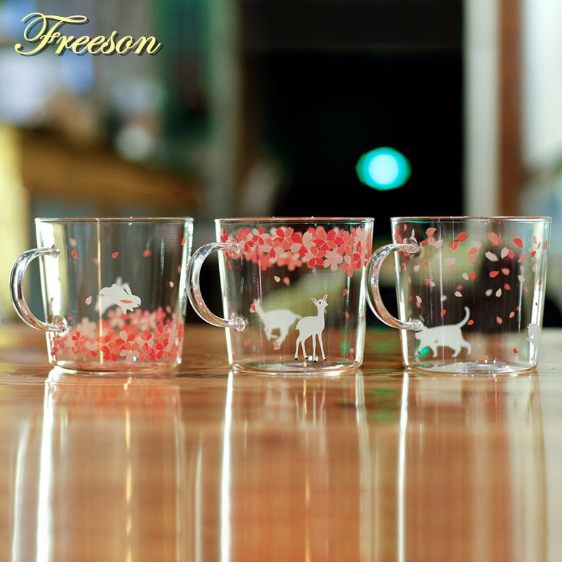 Japanese Sakura Glass Coffee Mug Cute Cat Deer Rabbit Tea Mug 280ml Heat Resistant Glass Tea Cup Maid Coffee Cup Drinkware - dianjiang-